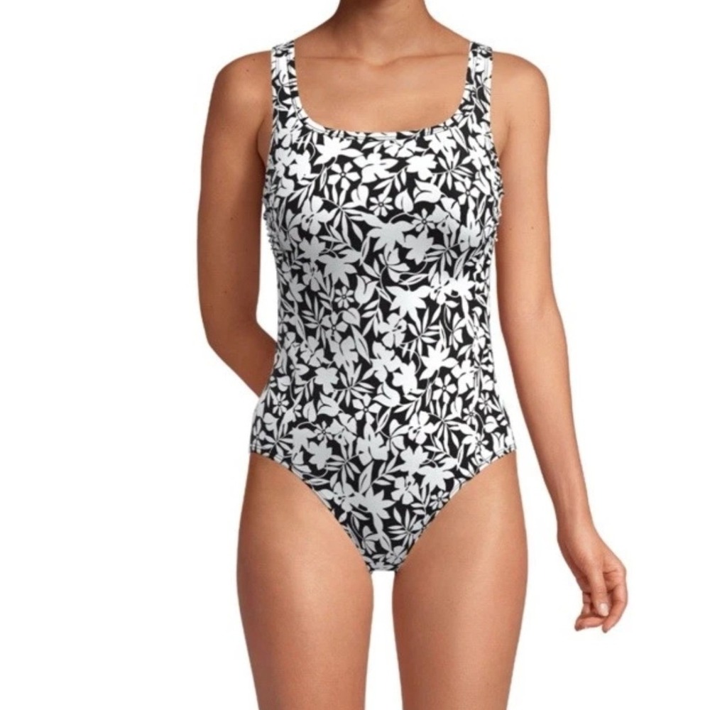Lands End Womens Black White Floral One Piece Swimsuit Scoop Neck‎ Size L 14-16